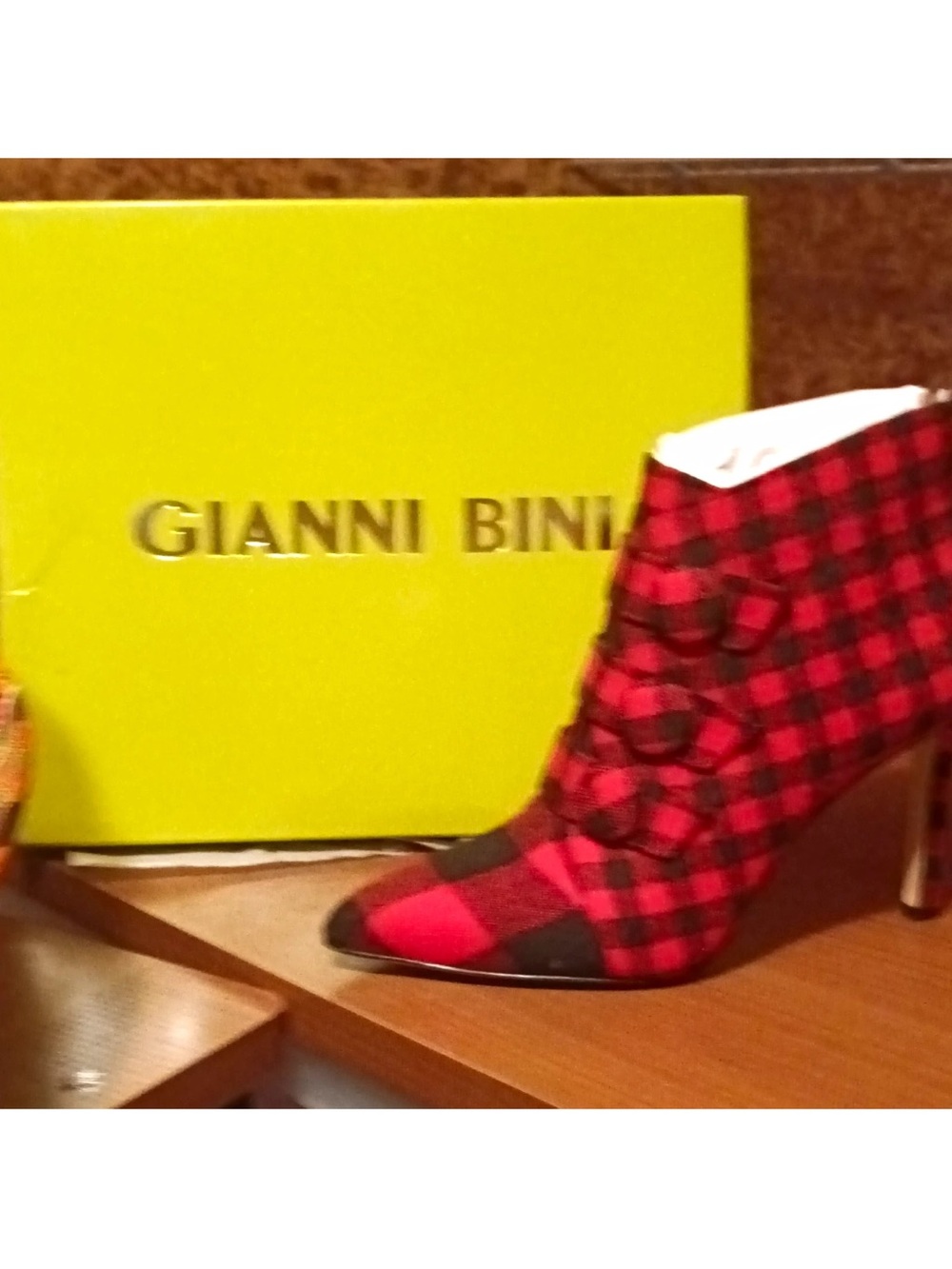 Gianni Bini Red and Black Plaid Button-Front Stiletto Ankle Boot